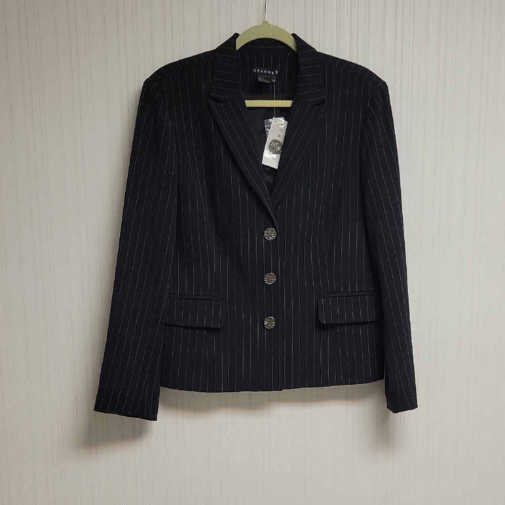 Spanner Black Pinstripe Blazer, Women's Sz 14. New Office Business Career